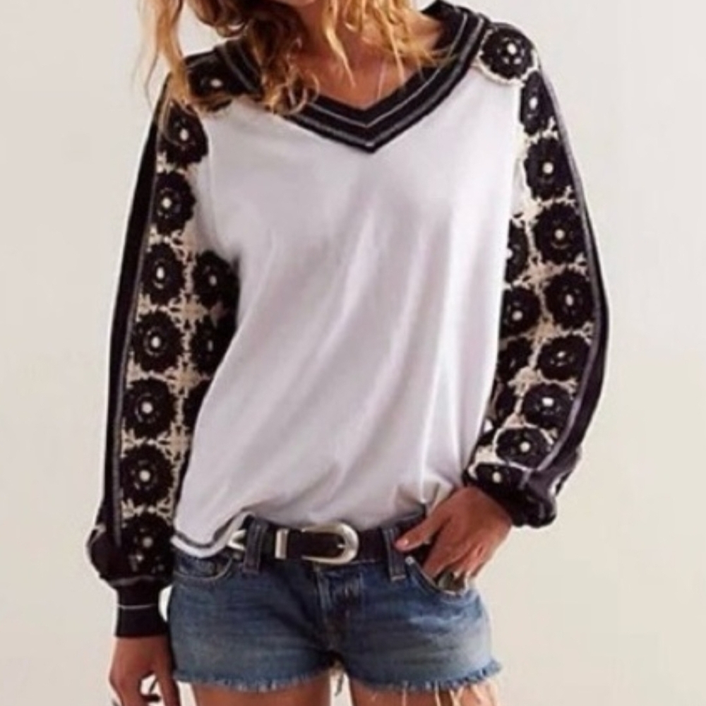 Women's Black and White V-Neck Top With Crochet Sleeve From We The Free